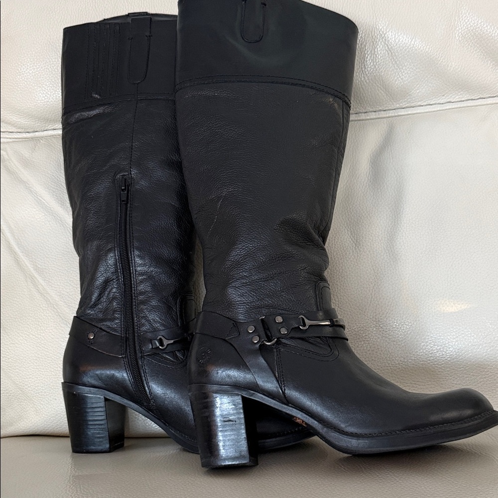 Earth spirit Chic Black Leather Heeled Boots for Womensz9.5